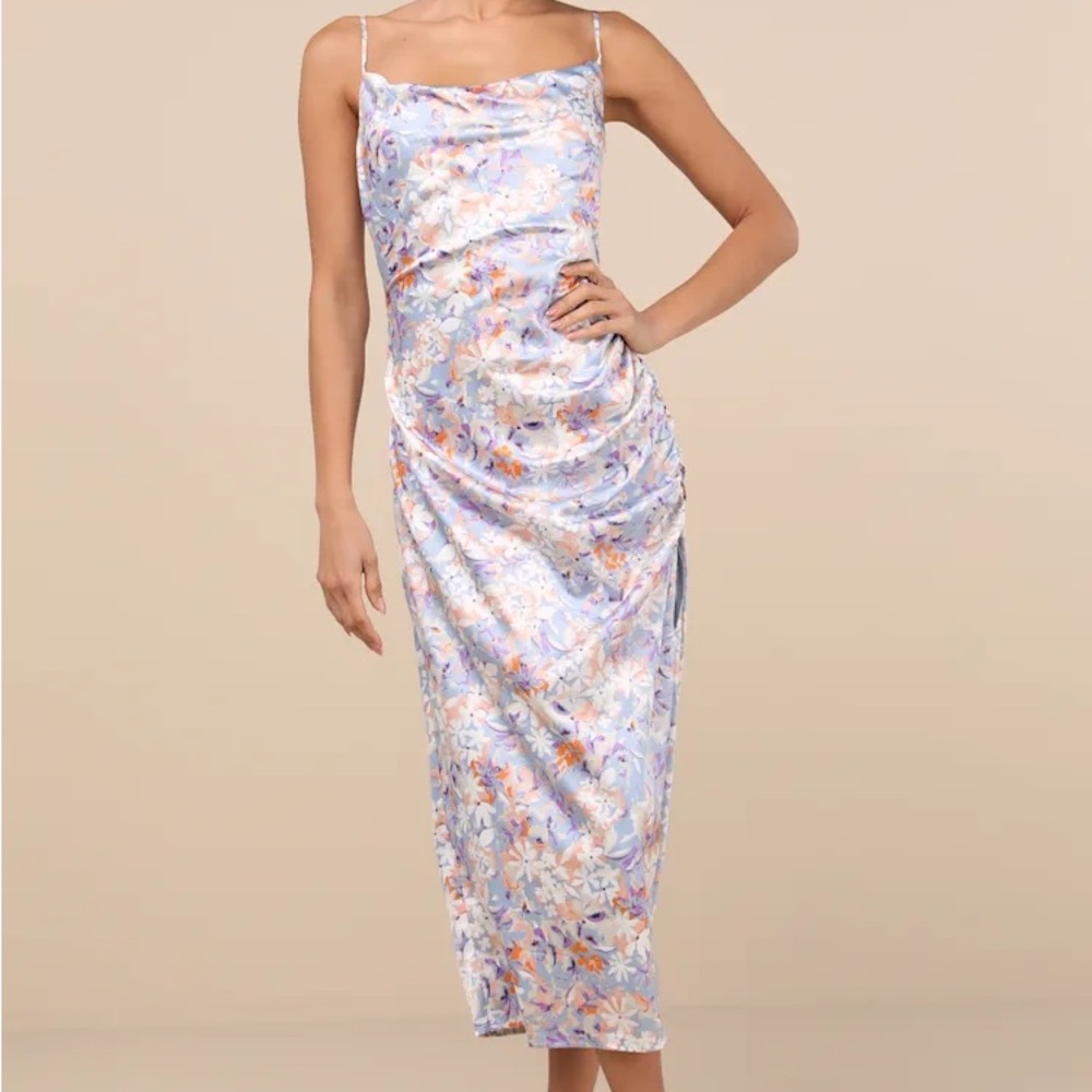 Lulu's Floral Midi Dress in Pastel Blue and Orange